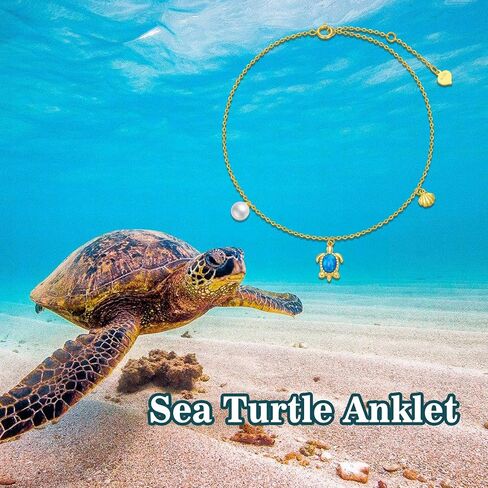 Yafeeso 14K Gold Sea Turtle Anklet for Women Girls,14kt Yellow Gold Blue Opal Sea Turtle Anklets with Shell and Pearl,Beach Foot Fine Animal Jewelry Gift for Her Mom Daughter,8+2 Inch in Saudi Arabia