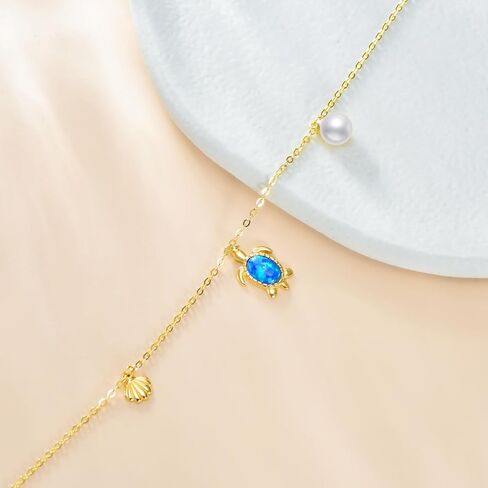 Yafeeso 14K Gold Sea Turtle Anklet for Women Girls,14kt Yellow Gold Blue Opal Sea Turtle Anklets with Shell and Pearl,Beach Foot Fine Animal Jewelry Gift for Her Mom Daughter,8+2 Inch in Saudi Arabia