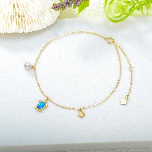 Yafeeso 14K Gold Sea Turtle Anklet for Women Girls,14kt Yellow Gold Blue Opal Sea Turtle Anklets with Shell and Pearl,Beach Foot Fine Animal Jewelry Gift for Her Mom Daughter,8+2 Inch in Saudi Arabia