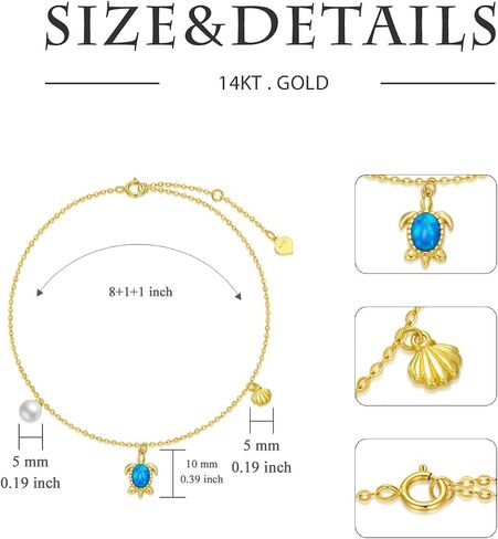 Yafeeso 14K Gold Sea Turtle Anklet for Women Girls,14kt Yellow Gold Blue Opal Sea Turtle Anklets with Shell and Pearl,Beach Foot Fine Animal Jewelry Gift for Her Mom Daughter,8+2 Inch in Saudi Arabia