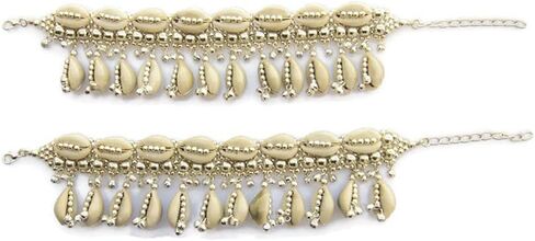 IndiaStop Natural Cowrie Shell Boho Anklets Pair for Women Hippie Rave Goth Festival Indian Anklet Payal Brass Beads Palted, Silver Beige, 9 inch + 2.5 inch extender adjustable if required in Kuwait