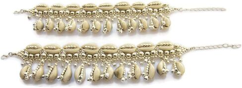 IndiaStop Natural Cowrie Shell Boho Anklets Pair for Women Hippie Rave Goth Festival Indian Anklet Payal Brass Beads Palted, Silver Beige, 9 inch + 2.5 inch extender adjustable if required in Kuwait