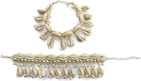 IndiaStop Natural Cowrie Shell Boho Anklets Pair for Women Hippie Rave Goth Festival Indian Anklet Payal Brass Beads Palted, Silver Beige, 9 inch + 2.5 inch extender adjustable if required in Kuwait