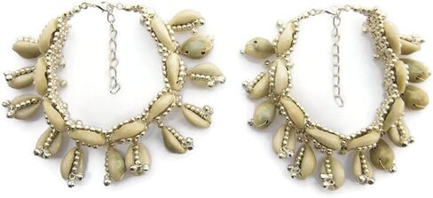 IndiaStop Natural Cowrie Shell Boho Anklets Pair for Women Hippie Rave Goth Festival Indian Anklet Payal Brass Beads Palted, Silver Beige, 9 inch + 2.5 inch extender adjustable if required in Kuwait