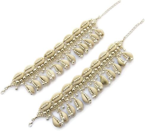 IndiaStop Natural Cowrie Shell Boho Anklets Pair for Women Hippie Rave Goth Festival Indian Anklet Payal Brass Beads Palted, Silver Beige, 9 inch + 2.5 inch extender adjustable if required in Kuwait