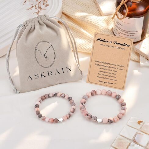ASKRAIN سوار متطابق للأم والابنة | هدايا عيد ميلاد الجدة والحفيدة في عيد الحب - الطول 7.2 بوصة و5.7 بوصة سوار حجر الحمار الوحشي الوردي in Kuwait