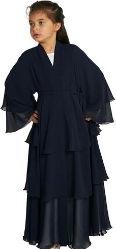 AWIBMK Kids Girls Abayas layered Chiffon Cardigan Dubai Kaftan Prayer Dress Muslim Islamic Robe Ramadan Kimono Outfit in Kuwait
