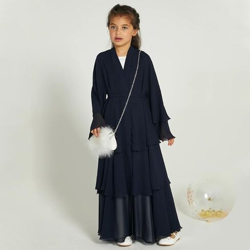 AWIBMK Kids Girls Abayas layered Chiffon Cardigan Dubai Kaftan Prayer Dress Muslim Islamic Robe Ramadan Kimono Outfit in Kuwait