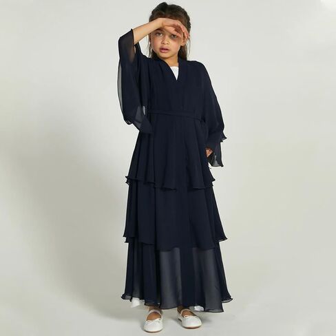 AWIBMK Kids Girls Abayas layered Chiffon Cardigan Dubai Kaftan Prayer Dress Muslim Islamic Robe Ramadan Kimono Outfit in Kuwait