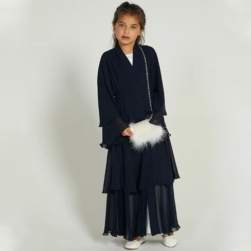 AWIBMK Kids Girls Abayas layered Chiffon Cardigan Dubai Kaftan Prayer Dress Muslim Islamic Robe Ramadan Kimono Outfit in Kuwait