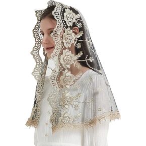 YuRongsxt Catholic Veils for Women Mass Lotus-Shaped Gold Veil Venice Spanish Style Chapel Veil M5