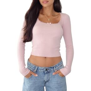 Women Y2k Long Sleeve Square Neck Crop Tops Lace Trim Slim Fit T-Shirt Cute Going Out Tops Aesthetic Shirt