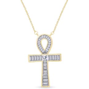 925 Sterling Silver Egyptian Ankh Baguette CZ Cross Pendant Necklace