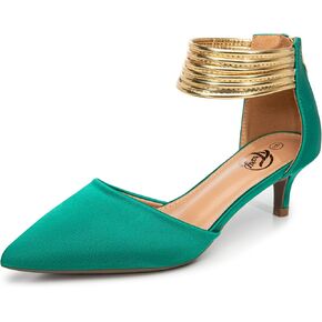 Trary Women's Ankle Strap Kitten Heels للنساء، كعب أخضر، كعب أحمر، كعب أرجواني، كعب أسود، كعب مغلق عند الأصابع للنساء، مع حذاء ستيليتو وحزام ذهبي in Kuwait
