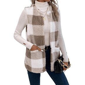 GORGLITTER Women's Plaid Open Front Teddy Vest Coat Sleeveless Pockets Fuzzy Outerwear