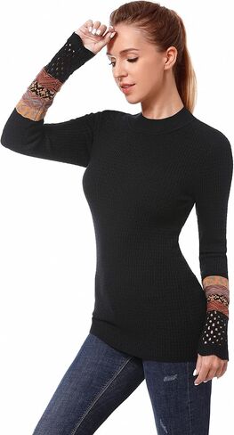 AmélieBoutik Women Crew Neck Long Sleeve Fair Isle Eyelet Cuff Pullover Sweater in Kuwait