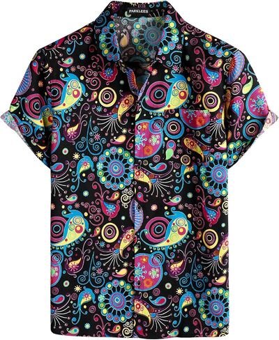 PARKLEES Men's Cotton Linen Vintage Pattern Printed Old Style Shirt Casual Short Sleeve Button Down Retro Shirts in Saudi Arabia