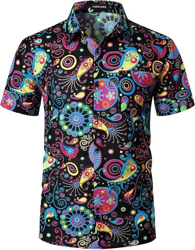 PARKLEES Men's Cotton Linen Vintage Pattern Printed Old Style Shirt Casual Short Sleeve Button Down Retro Shirts in Saudi Arabia