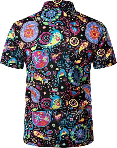 PARKLEES Men's Cotton Linen Vintage Pattern Printed Old Style Shirt Casual Short Sleeve Button Down Retro Shirts in Saudi Arabia