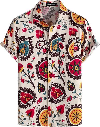 PARKLEES Men's Cotton Linen Vintage Pattern Printed Old Style Shirt Casual Short Sleeve Button Down Retro Shirts in Saudi Arabia