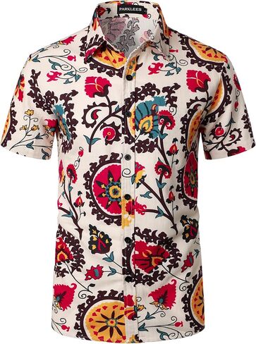 PARKLEES Men's Cotton Linen Vintage Pattern Printed Old Style Shirt Casual Short Sleeve Button Down Retro Shirts in Saudi Arabia