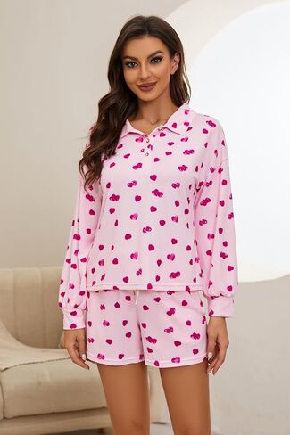 طقم بيجامة على شكل قلب من LYCY للنساء في عيد الحب طقم بيجامات ناعم مطبوع عليه قطعتين طقم ملابس نوم غير رسمي in Kuwait