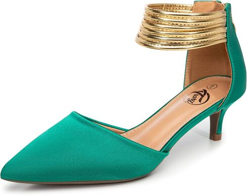 Trary Women's Ankle Strap Kitten Heels للنساء، كعب أخضر، كعب أحمر، كعب أرجواني، كعب أسود، كعب مغلق عند الأصابع للنساء، مع حذاء ستيليتو وحزام ذهبي in Kuwait