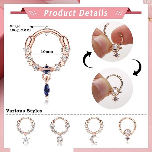 Florideco 16G حلقات الحاجز المتدلية للنساء تشيكوسلوفاكيا الحاجز الأنف خواتم استرخى الحاجز المجوهرات الأزرق كوكب القمر ستار الحاجز الفرس حلقة تتدلى روك Daith أقراط الغضروف اللولب ثقب المجوهرات in Kuwait