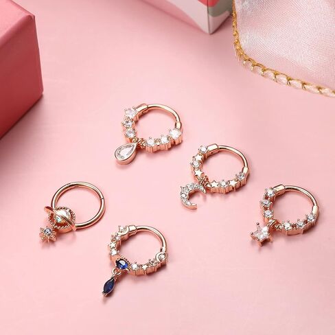 Florideco 16G حلقات الحاجز المتدلية للنساء تشيكوسلوفاكيا الحاجز الأنف خواتم استرخى الحاجز المجوهرات الأزرق كوكب القمر ستار الحاجز الفرس حلقة تتدلى روك Daith أقراط الغضروف اللولب ثقب المجوهرات in Kuwait