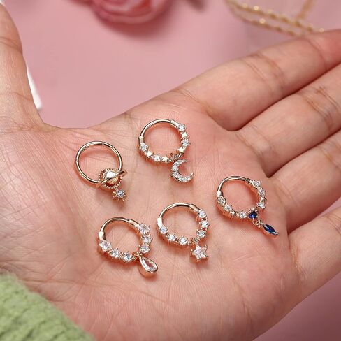 Florideco 16G حلقات الحاجز المتدلية للنساء تشيكوسلوفاكيا الحاجز الأنف خواتم استرخى الحاجز المجوهرات الأزرق كوكب القمر ستار الحاجز الفرس حلقة تتدلى روك Daith أقراط الغضروف اللولب ثقب المجوهرات in Kuwait