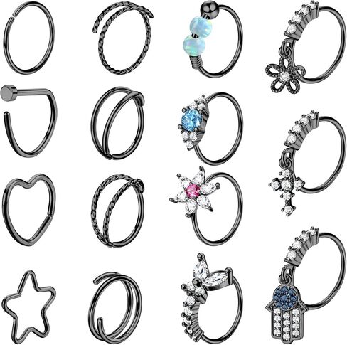 ZELORES 15Pcs 20G Nose Rings Hoops for Women Evil Eye Flower Cross CZ Dangle Nose Rings Stainless Steel Double Hoop Nose Rings Set Nose Piercing Jewelry in Saudi Arabia