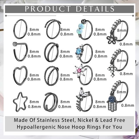 ZELORES 15Pcs 20G Nose Rings Hoops for Women Evil Eye Flower Cross CZ Dangle Nose Rings Stainless Steel Double Hoop Nose Rings Set Nose Piercing Jewelry in Saudi Arabia
