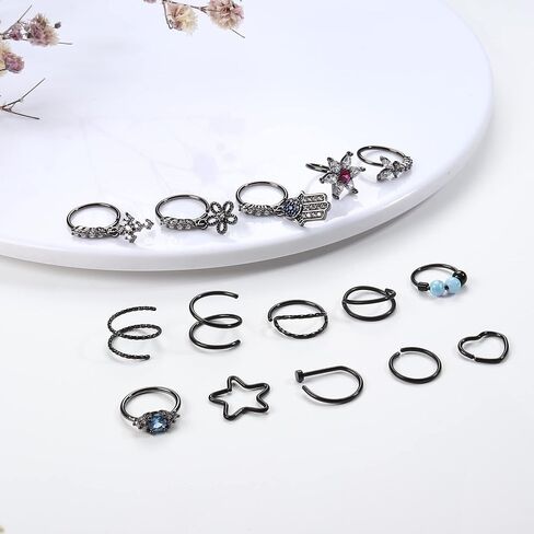 ZELORES 15Pcs 20G Nose Rings Hoops for Women Evil Eye Flower Cross CZ Dangle Nose Rings Stainless Steel Double Hoop Nose Rings Set Nose Piercing Jewelry in Saudi Arabia