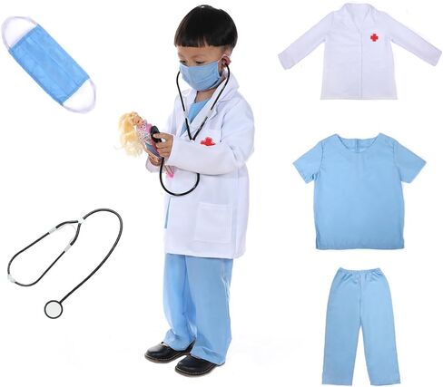 Leadtex- زي الطبيب التظاهري للأطفال، قم بلبس ملابس الطبيب التي تلعب الأدوار مع الجزء العلوي والسراويل والقناع والمعطف والسماعات الطبية. in Kuwait
