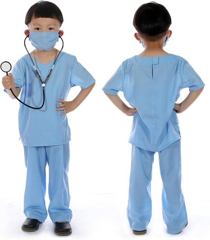 Leadtex- زي الطبيب التظاهري للأطفال، قم بلبس ملابس الطبيب التي تلعب الأدوار مع الجزء العلوي والسراويل والقناع والمعطف والسماعات الطبية. in Kuwait