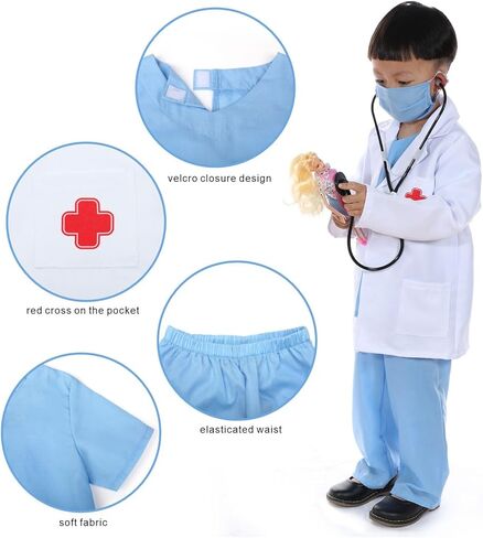 Leadtex- زي الطبيب التظاهري للأطفال، قم بلبس ملابس الطبيب التي تلعب الأدوار مع الجزء العلوي والسراويل والقناع والمعطف والسماعات الطبية. in Kuwait