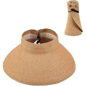 Women Sun Visor Straw Hat for Women, Summer Wide Brim Cap Foldable Hat for Beach Travel (Khaki) in Saudi Arabia