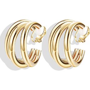 Gold Clip On Hoop Earrings for Women Trendy Clip on Earrings Round Geometric Chunky Hoop Clip Earrings No Piercing Fake Earrings