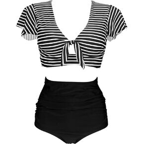 COCOSHIP Women's Retro Ruched Ruffle High Waist Two Piece Bikini Set Tie Knot Front Top Sport Bath Swimsuit