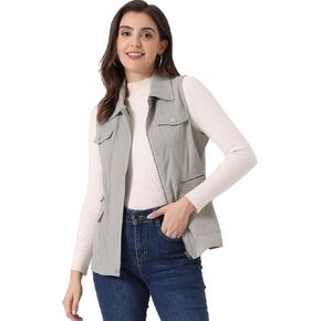 Allegra K Women's Zip Up Jacket with Pockets Sleeveless Cargo Utility Vest