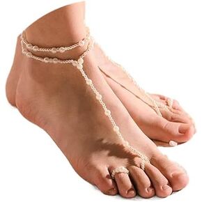 Aularso Pearl Barefoot Sandals Beaded Ankle Bracelets Layered Wedding Anklets Toe Ring Foot Chain Beach Feet Jewelry for Women and Girls(2PCS) in Kuwait