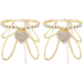 ELABEST Heart Ankle Bracelet Gold Rhinestone Bracelet 2pcs Tassel Anklet Boho High-heeled Trendy Anklet Tennis Foot Chain Nightclub Parties Wedding Jewerly for Women and Girls in Saudi Arabia