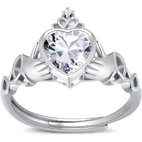 Claddagh Heart Shape Birthstone Rings - 925 Sterling Silver Adjustable Traditional Irish Wedding Ring Promise Eternity Bands, Personalized Jewelry for Women Girls (With Gift Box)