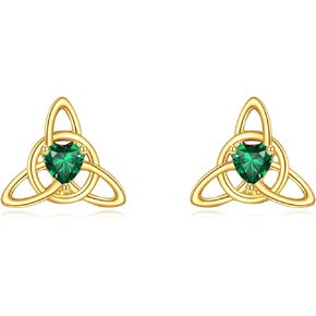 Dovran 14K Gold Celtic Knot Stud Earrings for Women Emerald Crystal Real Gold Triangle Knot Earrings Solid Gold Celtic Jewelry Gifts