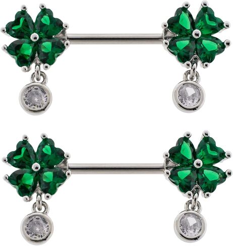 Pierced Owl 14GA 316L Stainless Steel Green CZ Crystal Shamrocks with Dangling Gems Barbells, Sold as a Pair in Saudi Arabia