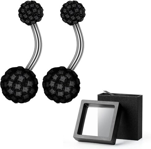 CABBE KALLO 2Pcs 14G Belly Ring Stainless Steel Belly Button Rings Disco Ball Navel Bars Inlaid Rhinestones Curved Barbells Navel Rings Piercing Jewelry Gifts Set (Black), Stainless Steel, rhinestones in Kuwait