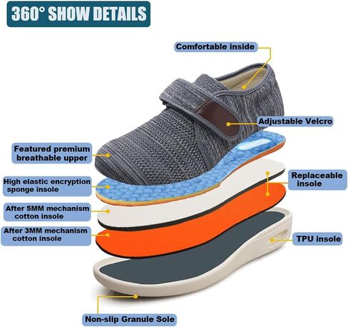 أحذية W&Le-Slippers الرجالية للمشي بعرض واسع مع إغلاق قابل للتعديل، أحذية رياضية شبكية مسامية بوسادة هوائية لكبار السن المصابين بالوذمة السكري والأقدام المتورمة في الهواء الطلق in Saudi Arabia
