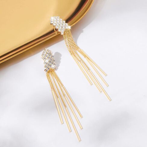 MaraLota أقراط ذهبية متدلية شرابة كريستال أقراط للنساء بيان طويل هيكل السمكة قطرة هامش حجر الراين أقراط للنساء الفتيات in Kuwait