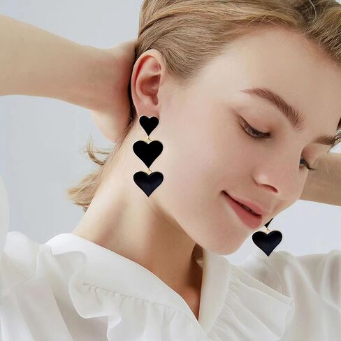 GUOXIAOMEI أقراط قلب حمراء بثلاث طبقات للنساء والفتيات المراهقات أزياء طويلة عتيقة مطلية بالذهب ثلاثة قلب حب متدلي قطرة بيان أقراط عيد ميلاد وحفلة موسيقية وعيد الحب هدايا مجوهرات in Saudi Arabia