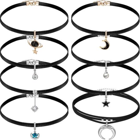 Hicarer 8 Pieces Black Faux Leather Choker Necklace for Women 15 Inch Adjustable Choker Necklaces for Women Leather Classic Gothic Chokers Women Girls Accessories for Valentine's Day Gift in Saudi Arabia